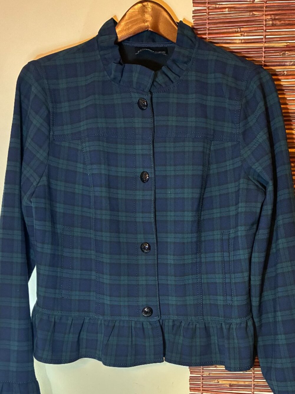 Banana Republic Black Watch Plaid Ruffle Blazer Jacket Size 14 Flared Cuff